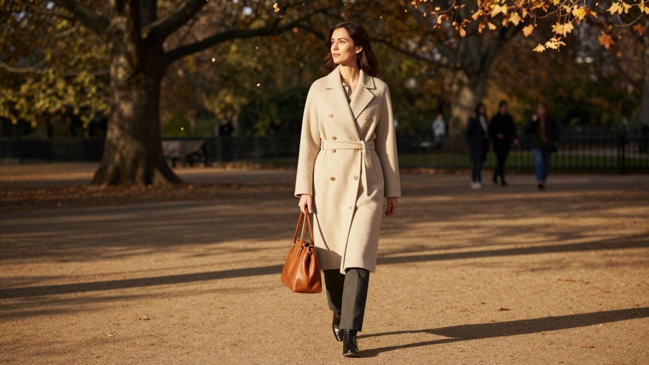 A poised woman walking through Hyde Park at golden hour, autumn leaves falling around her.