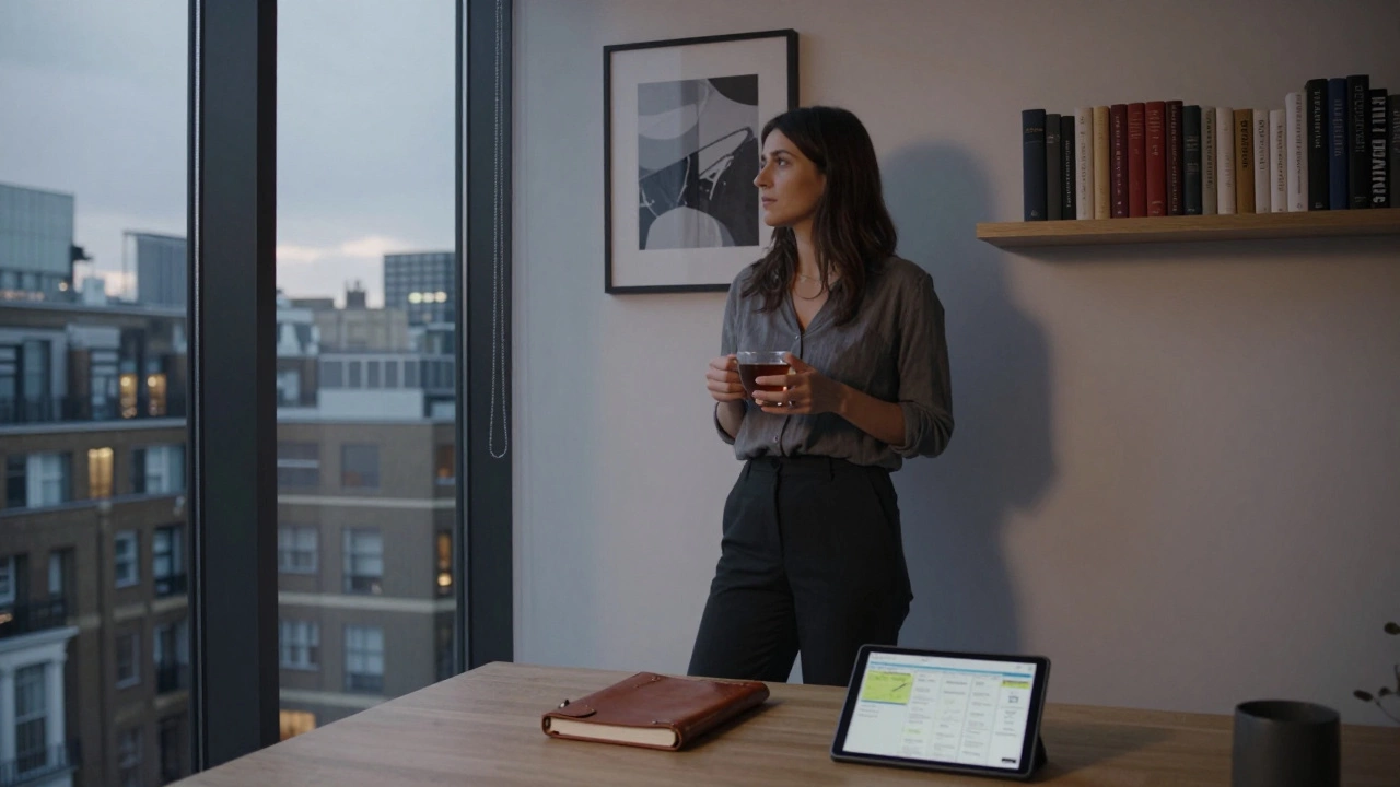 A thoughtful woman in a London apartment, surrounded by books and art, radiating quiet intelligence and calm.