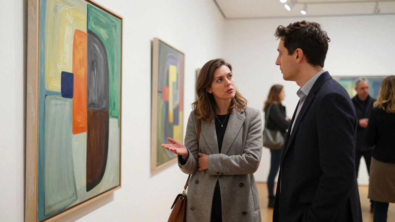 A woman engaging with a man in a London gallery, sharing insight about art in a moment of genuine intellectual connection.