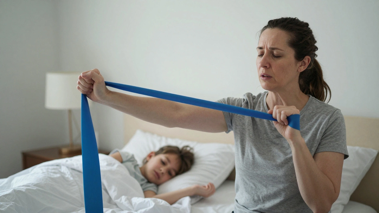 A woman using a resistance band at home in natural evening light, no filters or text.